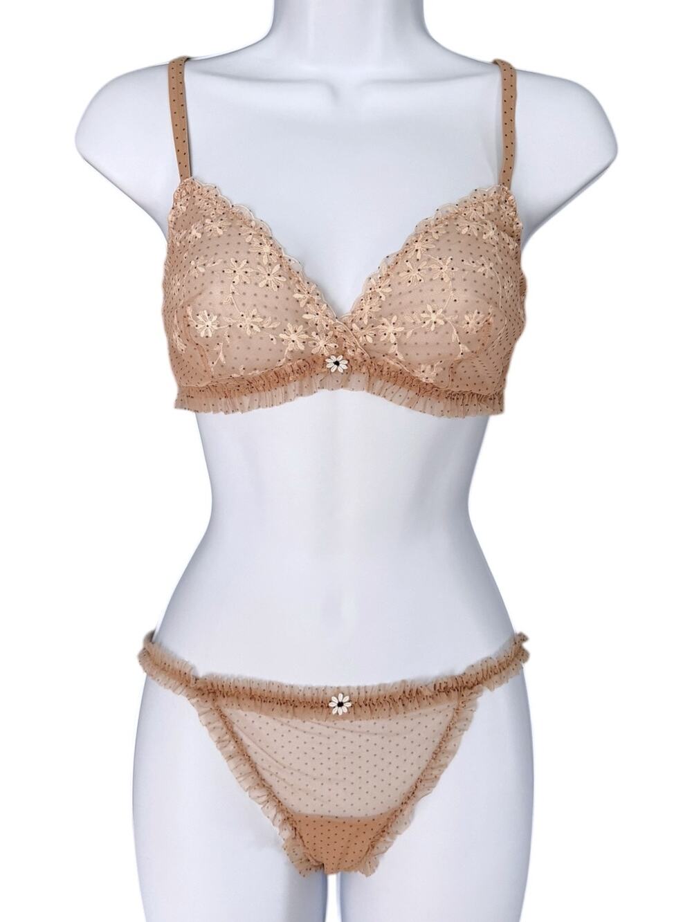 Intimissimi Nude Lace Mesh Lingerie Set 34C Small Floral Sheer Polka Dot NEW